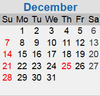 December calendar starting on a Monday