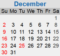 December calendar starting on a Saturday