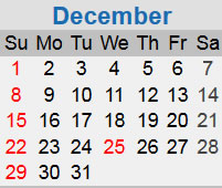 December calendar starting on a Sunday