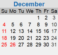 December calendar starting on a Thursday