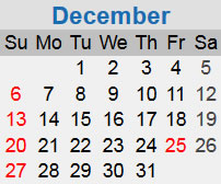 December calendar starting on a Tuesday