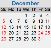 December calendar starting on a Wednesday