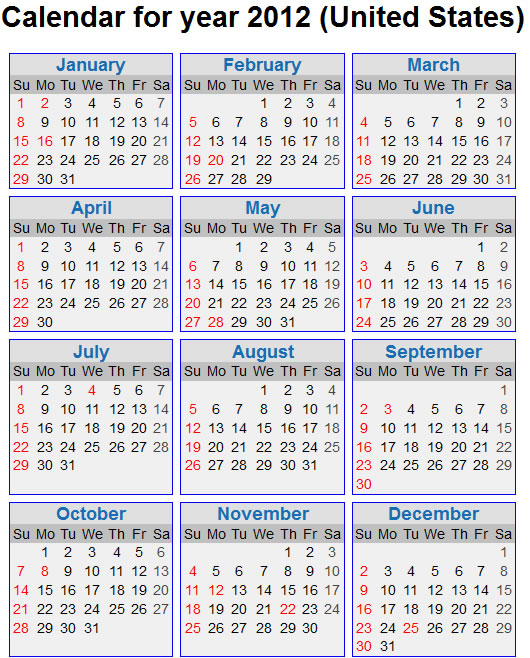 Calendar for 2012