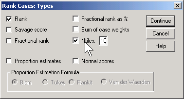 Figure 26. SPSS dialog box for rank types
