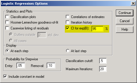 Figure 5. Dialog box for logistic regression options