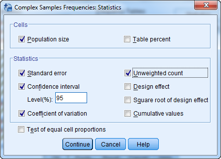 Figure 6. SPSS dialog box, Complex Samples Frequencies: Statistics