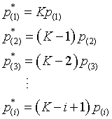 p(1)*=Kp(1), p(2)*=(K-1)p(2)...