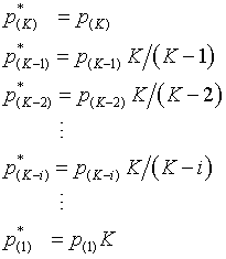 p*(K)=p(K), p*(K-1)==p(K-1)*K/(K-1),...